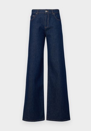 Dark blue wide-leg jeans made of denim, featuring a button closure, front pockets, and contrasting stitching along the seams.