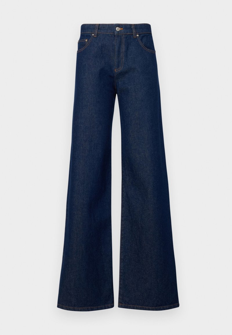 Jean large bleu foncé en denim, avec fermeture à boutons, poches avant et coutures contrastantes le long des coutures.