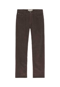 Pantalones de pana marrón con un diseño de pierna recta, que cuentan con bolsillos frontales, un cierre de botón y una sutil textura elevada.