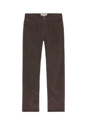 Braune Baumwollcord-Hose mit geradem Bein, ausgestattet mit Fronttaschen, einem Knopfverschluss und einer dezenten, strukturierten Oberfläche.