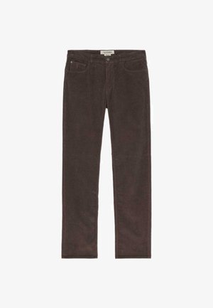 Pantaloni di velluto a coste marroni con un design a gamba dritta, dotati di tasche frontali, chiusura con bottone e una sottile texture in rilievo.