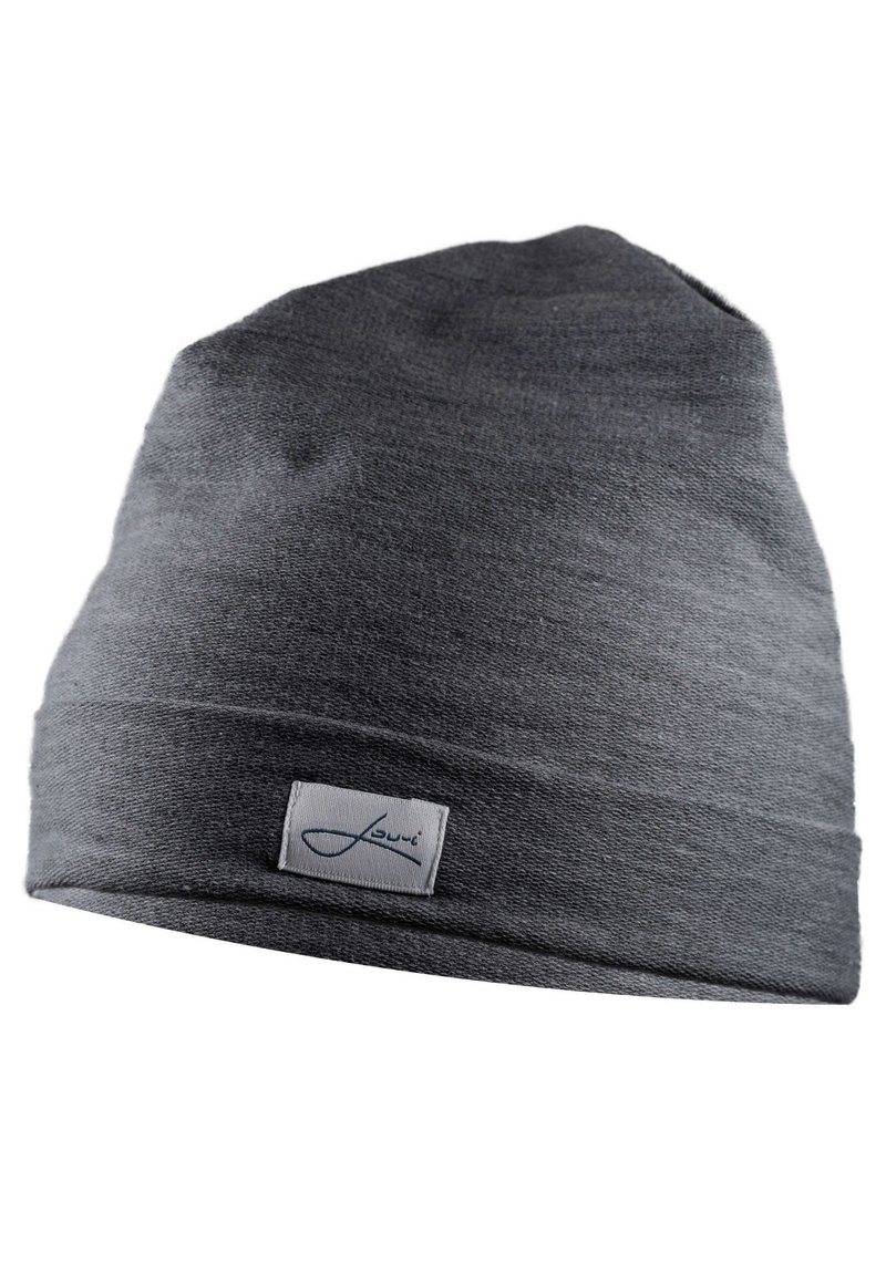 Gray knit beanie with a folded brim, made from a soft fabric. Features a small rectangular label with a logo on the side.