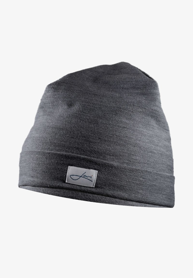 Gray knit beanie with a folded brim, made from a soft fabric. Features a small rectangular label with a logo on the side.