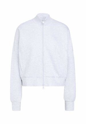 Hellgraue, langärmelige Zip-Up-Jacke mit hohem Kragen, gerippten Bündchen und Seitentaschen, von vorne auf weißem Hintergrund gezeigt.