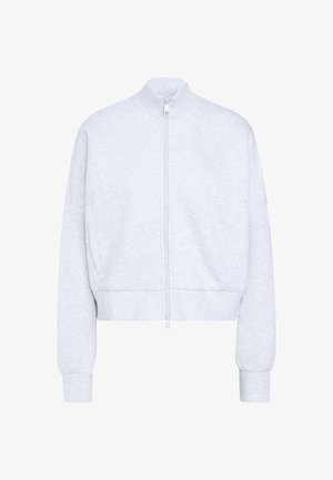 Chaqueta gris claro con cremallera, mangas largas, cuello alto, puños acanalados y bolsillos laterales, mostrada de frente sobre un fondo blanco.