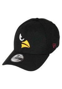 Black baseball cap with a curved brim, featuring embroidered white and yellow bird accents on the front, and a small red logo on the side.