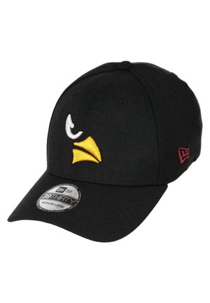 Schwarze Baseballmütze mit gebogenem Schirm, versehen mit bestickten weißen und gelben Vogelakzenten an der Vorderseite und einem kleinen roten Logo an der Seite.