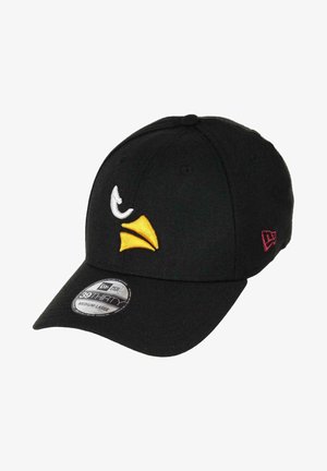 Black baseball cap with a curved brim, featuring embroidered white and yellow bird accents on the front, and a small red logo on the side.