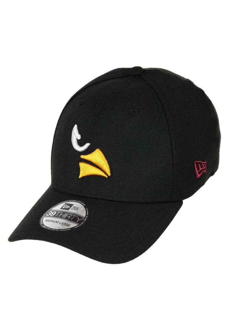 Black baseball cap with a curved brim, featuring embroidered white and yellow bird accents on the front, and a small red logo on the side.