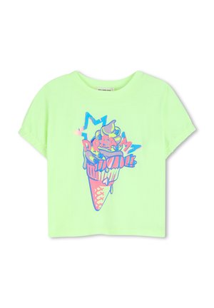 Lichtgroene korte mouw T-shirt met kleurrijke ijsje afbeelding en het woord "DREAM" in vetgedrukte letters op de voorkant.
