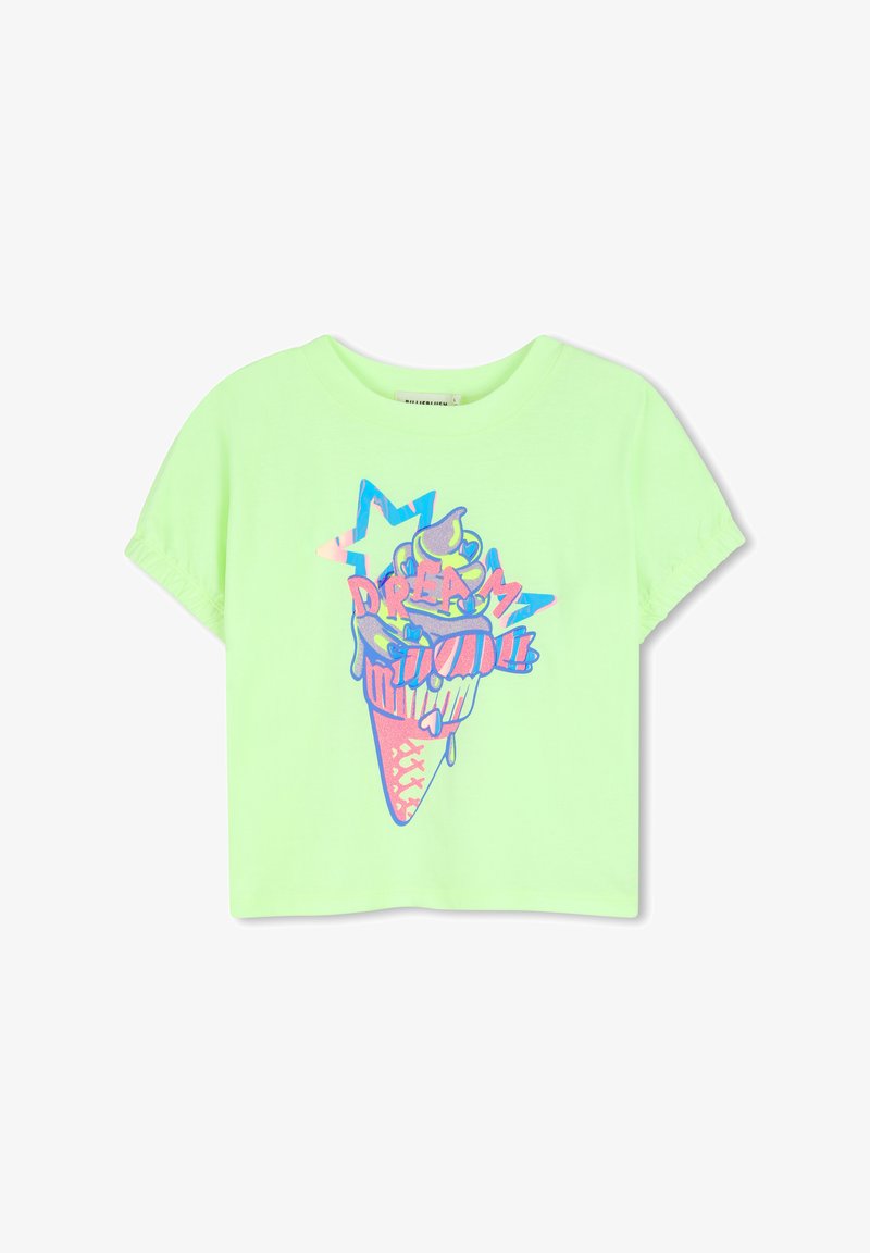 T-shirt à manches courtes vert clair avec un graphisme coloré de cône de crème glacée et le mot « RÊVE » en lettres majuscules sur le devant.