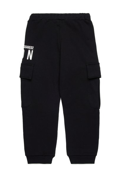 Pantaloni tuta neri realizzati in tessuto morbido, dotati di tasche cargo laterali, polsini a costine e logo "DSQUARED2" in bianco con una lettera "N" stilizzata.