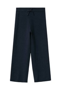 Pantalones de pierna ancha azul marino fabricados en un tejido suave, con una cintura ajustable mediante cordón, dobladillos acabados con cuidado y una textura lisa sin patrones.