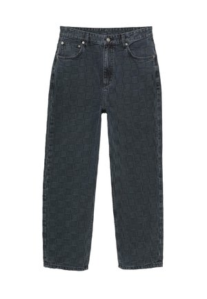 Sorte denimjeans med et tekstureret ternet mønster. Har en knaplukning, fem lommers design og lige ben.
