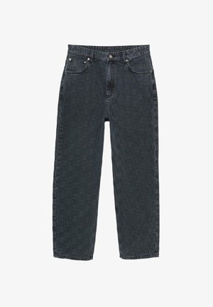 Zwarte spijkerbroeken van denim met een getextureerd dambordpatroon. Voorzien van een knoopsluiting, vijf zakken en een rechte pijp.