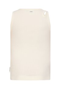 Top senza maniche a coste crema con scollatura rotonda, caratterizzato da un piccolo dettaglio a cerchio sulla spalla e un'etichetta con "RETOUR" sul retro.