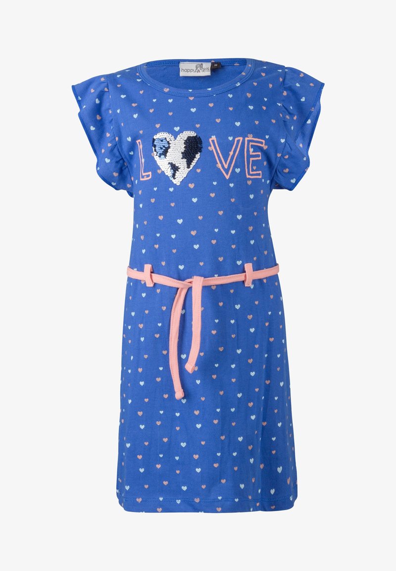 Sininen mekkotunika, jossa on lyhyet liehuvat hihat, sydänkuvio, "LOVE" -strasseilla, ja vaaleanpunainen kangashihna vyötäröllä.