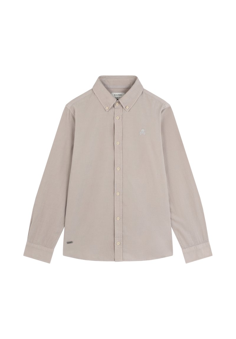 Camisa de botones gris claro con mangas largas, cuello y un sutil logo bordado en el pecho. Hecha de una suave mezcla de algodón.