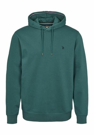 Teal hette laget av en bomullsblanding, med kengurulomme og justerbar snøring på hetten. Lite logo på venstre bryst.