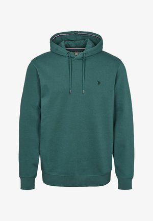 Teal hette laget av en bomullsblanding, med kengurulomme og justerbar snøring på hetten. Lite logo på venstre bryst.