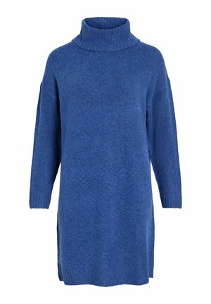 Blå strikket oversized genser med høy hals, lange ermer og sidedrag for komfort. Myk tekstur med et subtilt melert mønster.