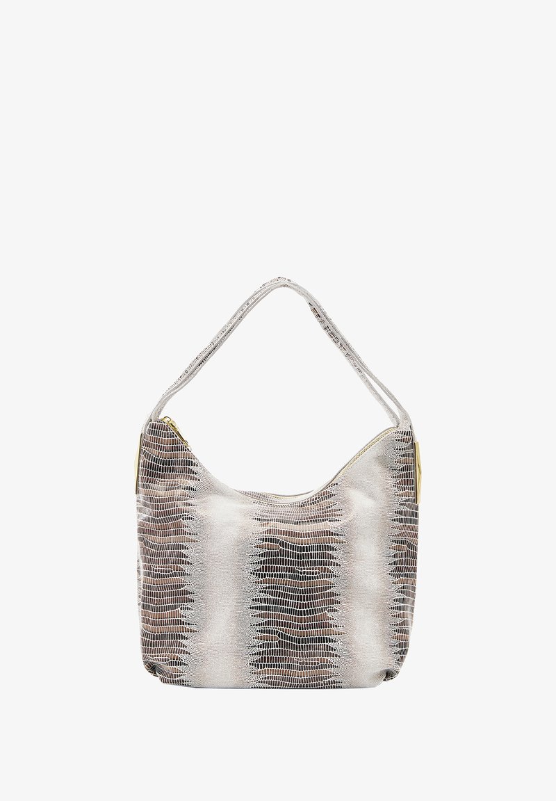 Metallische silberne Handtasche mit einem strukturierten Schlangenprint-Design, ausgestattet mit einem gebogenen Schulterriemen und subtilen goldenen Hardware-Details.