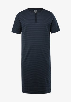 Vestido de rayas marinas de manga corta hecho de una tela suave, con cuello redondo y tapeta de tres botones. Corte recto con un ajuste relajado.