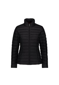 Schwarze gesteppte Steppjacke mit hohem Kragen, durchgehendem Frontreißverschluss, langen Ärmeln und schlankem Schnitt.