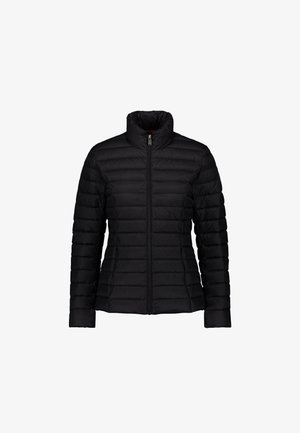 Giacca imbottita nera trapuntata con collo alto, zip frontale completa, maniche lunghe e design aderente.