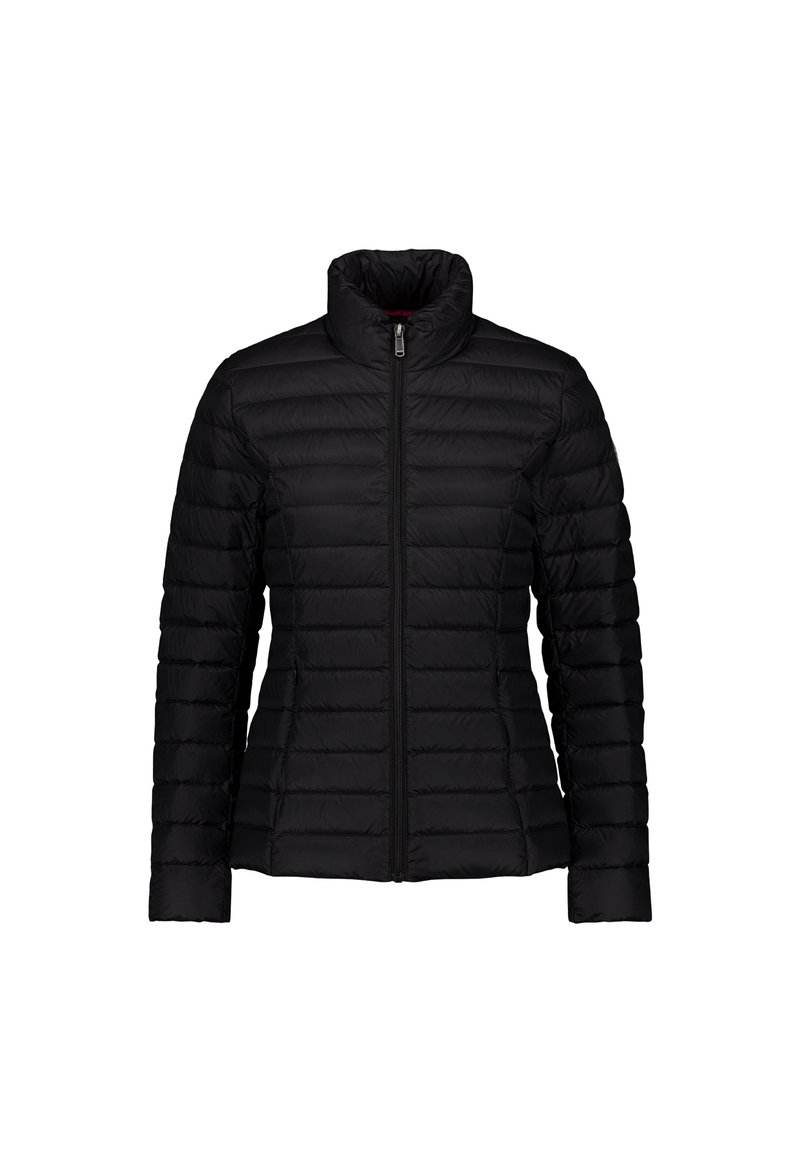 Schwarze gesteppte Steppjacke mit hohem Kragen, durchgehendem Frontreißverschluss, langen Ärmeln und schlankem Schnitt.