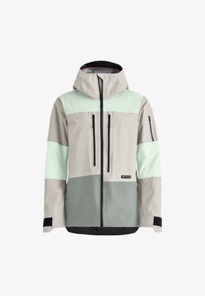 Leichte Jacke in Grau, Mint und Schwarz. Mit Kapuze, Reißverschlusstaschen, verstellbaren Ärmeln und einem color-blocked Design. Wasserabweisender Stoff.