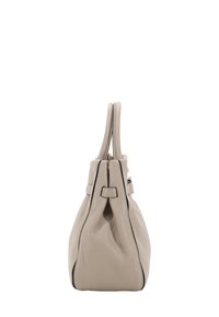 Borsa a mano in pelle beige con due manici arrotondati, una texture liscia, cuciture nere a contrasto e lati leggermente svasati.