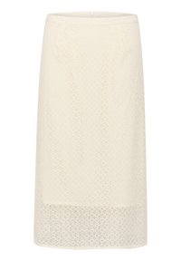 Une jupe crayon de couleur crème en tissu en dentelle texturée, de longueur mi-mollet, dotée d'une fermeture éclair cachée et de motifs floraux subtils.
