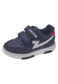 Baskets synthétiques bleues avec des accents blancs et rouges, dotées de deux sangles velcro et d'un dessus texturé. La semelle est blanche avec des détails de traction marine.