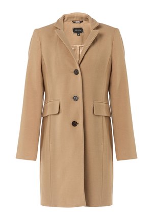 Beige Wollmischungsmantel mit Reverskragen, vier Knöpfen, zwei Seitentaschen und taillierter Passform. Glatte Textur mit strukturiertem Design.