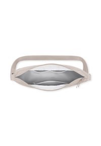 Beige színű keresztpántos táska cipzáros fő rekesszel és belső zsebekkel, felülről nyitva, fehér háttér előtt.