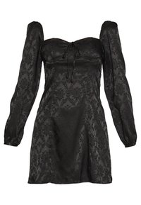 Černé šaty s dlouhými nafouklými rukávy, hladký saténový materiál, květinový žakárový vzor, obepnutý korzet a nastavitelné uzlíkové detaily na přední straně.