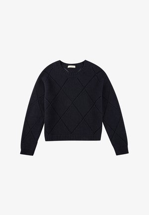Dunkelblau gestrickter Pullover mit einem Rautenmuster, rundem Ausschnitt sowie gerippten Bündchen und Saum. Verfügt über Lochdetails zur Belüftung.