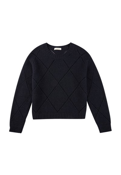 Dunkelblau gestrickter Pullover mit einem Rautenmuster, rundem Ausschnitt sowie gerippten Bündchen und Saum. Verfügt über Lochdetails zur Belüftung.