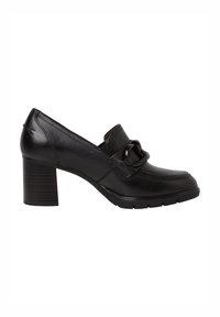 Mocassin pour femme en cuir noir avec talon moyen épais, bout arrondi et boucle décorative sur le dessus, présenté en profil latéral.