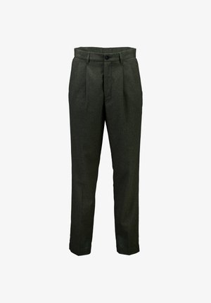 Mørkegrønne uldtrosser med en skræddersyet pasform, der har en høj talje, dobbelte plissee og en enkelt sort knaplukning.