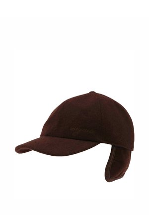 Dark brown winter cap with a curved brim and attached ear flaps for cold weather protection.