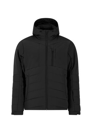 Zwarte geïsoleerde jas met capuchon, ritssluiting en schuin lopende naden. Voorzien van een borstzak en geribbelde manchetten voor comfort. Gladde textuur.