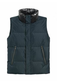Padded vest w ciemnoniebieskim kolorze z błyszczącym czarnym stójką. Posiada dwa boczne kieszenie na zamek oraz diamentową pikowaną teksturę.