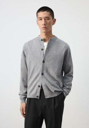 Jeune homme portant un cardigan gris boutonné sur une chemise blanche et un pantalon noir, debout avec une main dans sa poche devant un fond uni.