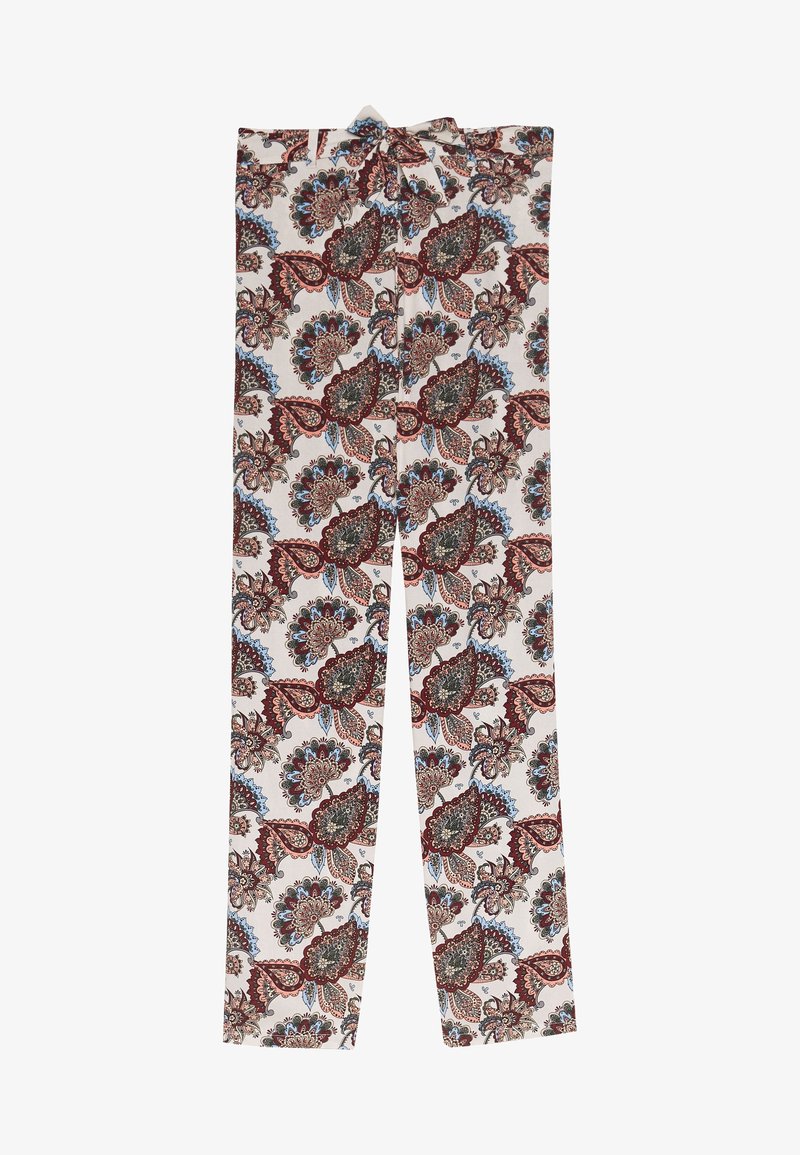 Leggings floraux en crème clair avec un motif paisley multicolore. Dotés d'une taille à nouer et d'une coupe droite.