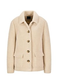 Beige, gestructureerde jas met een kraag, houten knopen en twee voorzakken. Zachte, geweven stof met een klassiek ontwerp.