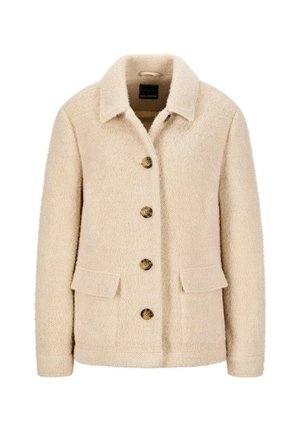 Cappotto beige, texturizzato, con collo a camicia, bottoni in legno e due tasche frontali. Tessuto morbido e intrecciato con un design classico.