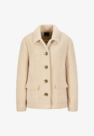 Beige, gestructureerde jas met een kraag, houten knopen en twee voorzakken. Zachte, geweven stof met een klassiek ontwerp.