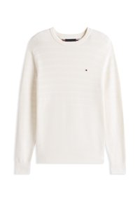 Hellbeige Strickpullover mit strukturiertem Streifenmuster, Rundhalsausschnitt und kleinem gesticktem Logo auf der linken Brust. Weiches Strickmaterial.